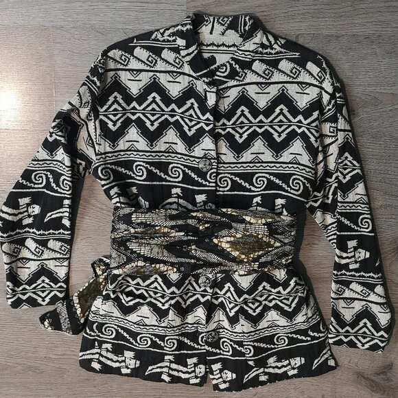 80s Vintage Black/Grey Mandarin Collar Aztec Pattern Cotton Woven Jacket - Picture 1 of 14